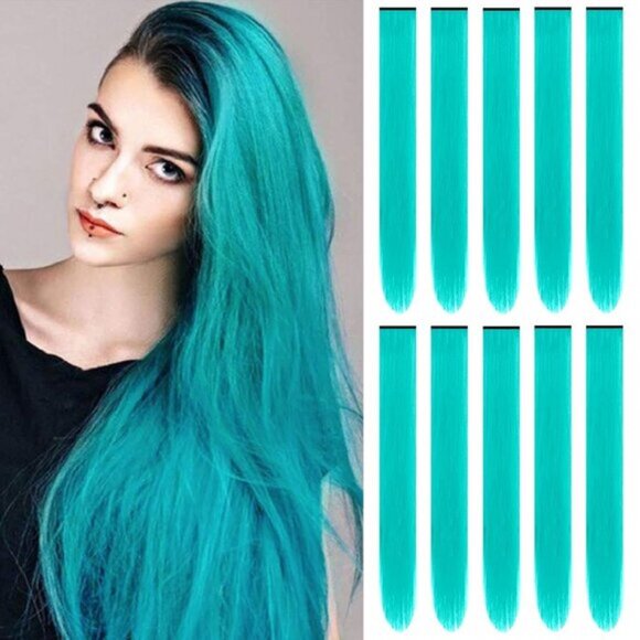 New 10PCS 22" Teal Blue Colour Synthetic Hairpiece Clip-in Hair Extensions